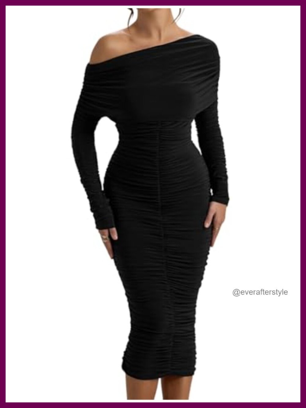 Women's Bodycon Off Shoulder Ruched Midi Long Sleeve Dress